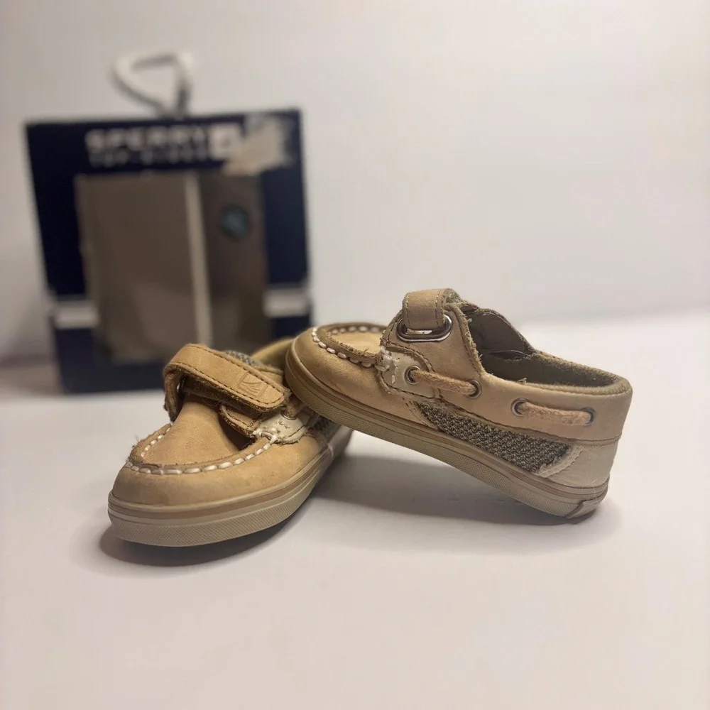 Sperry Top-Sider Kids Tan Leather Mesh Boat Shoes Hook Loop Loafers Toddler 4